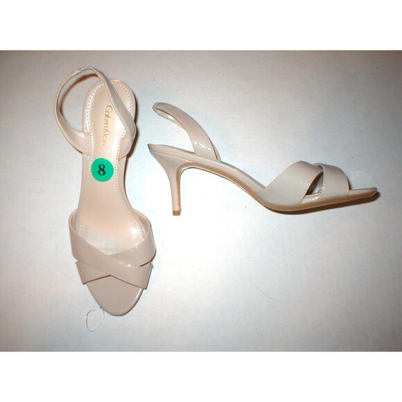 New Womens Calvin Klein Slingbacks Beige Heels Open Toe 9.5 Patent Taupe Nude - Picture 1 of 5